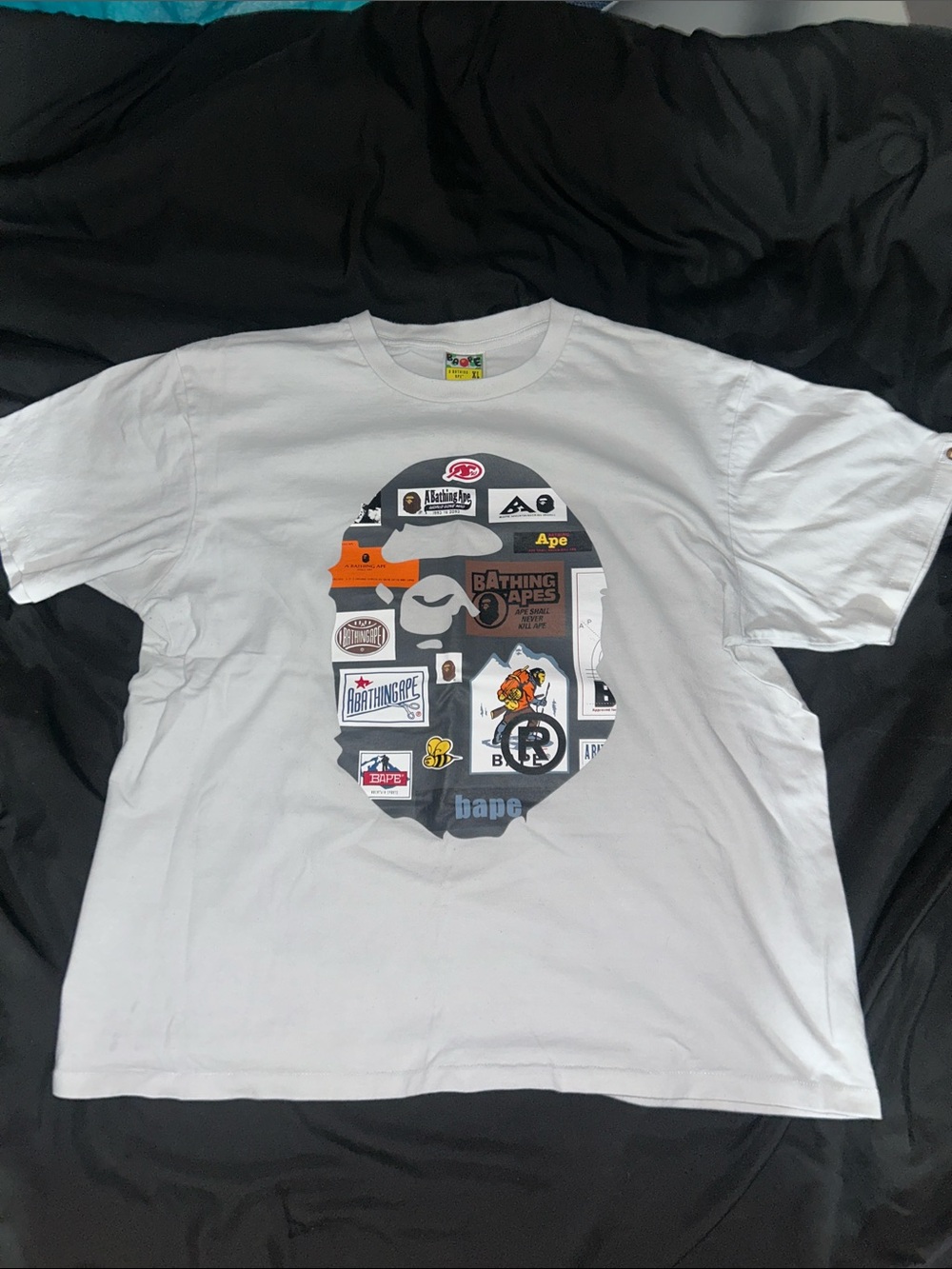Bape White Tee with Multicolor Ape Head Collage Graphic